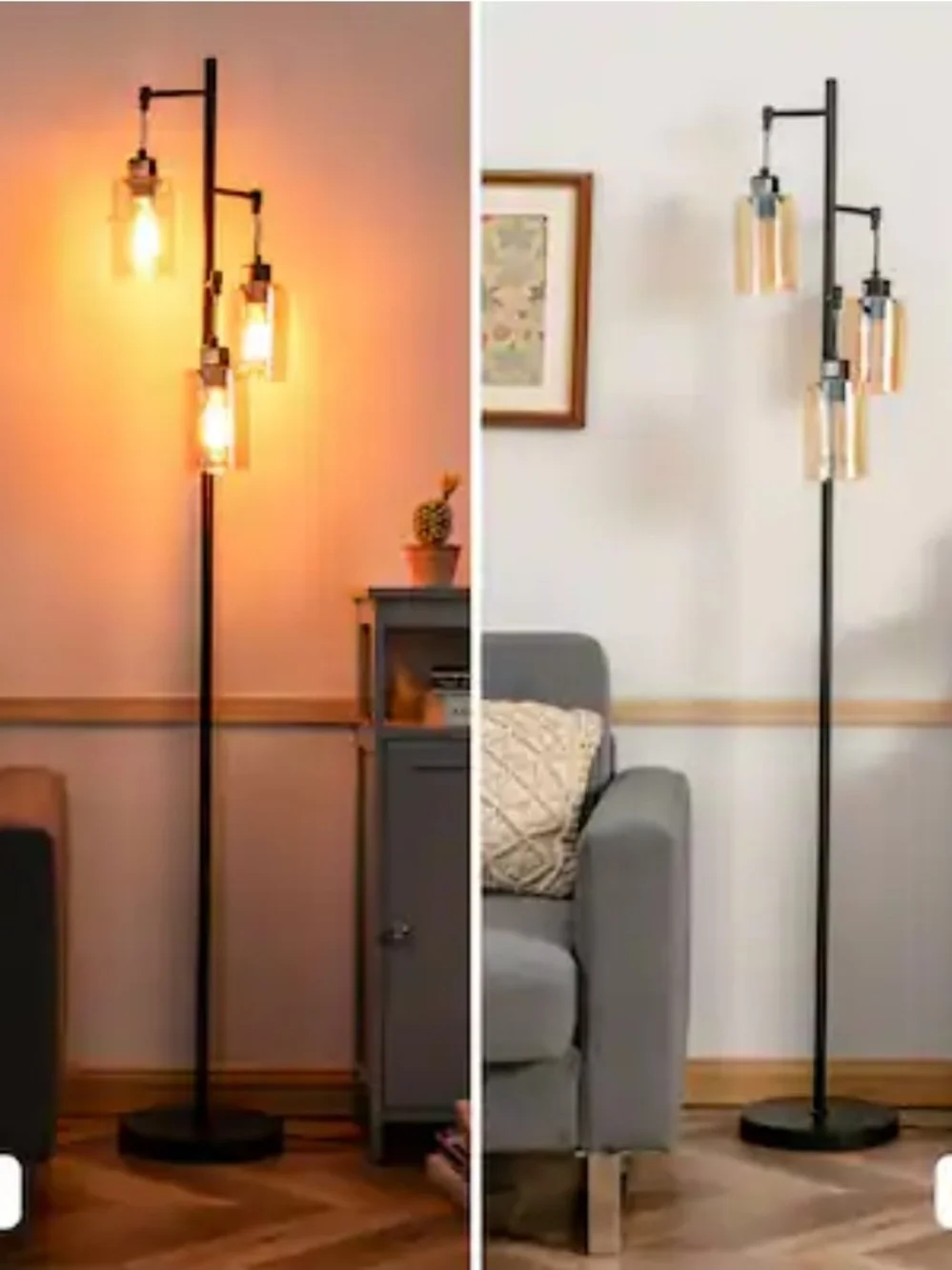 Contemporary Amber Glass Lantern Floor Lamp with Black Frame